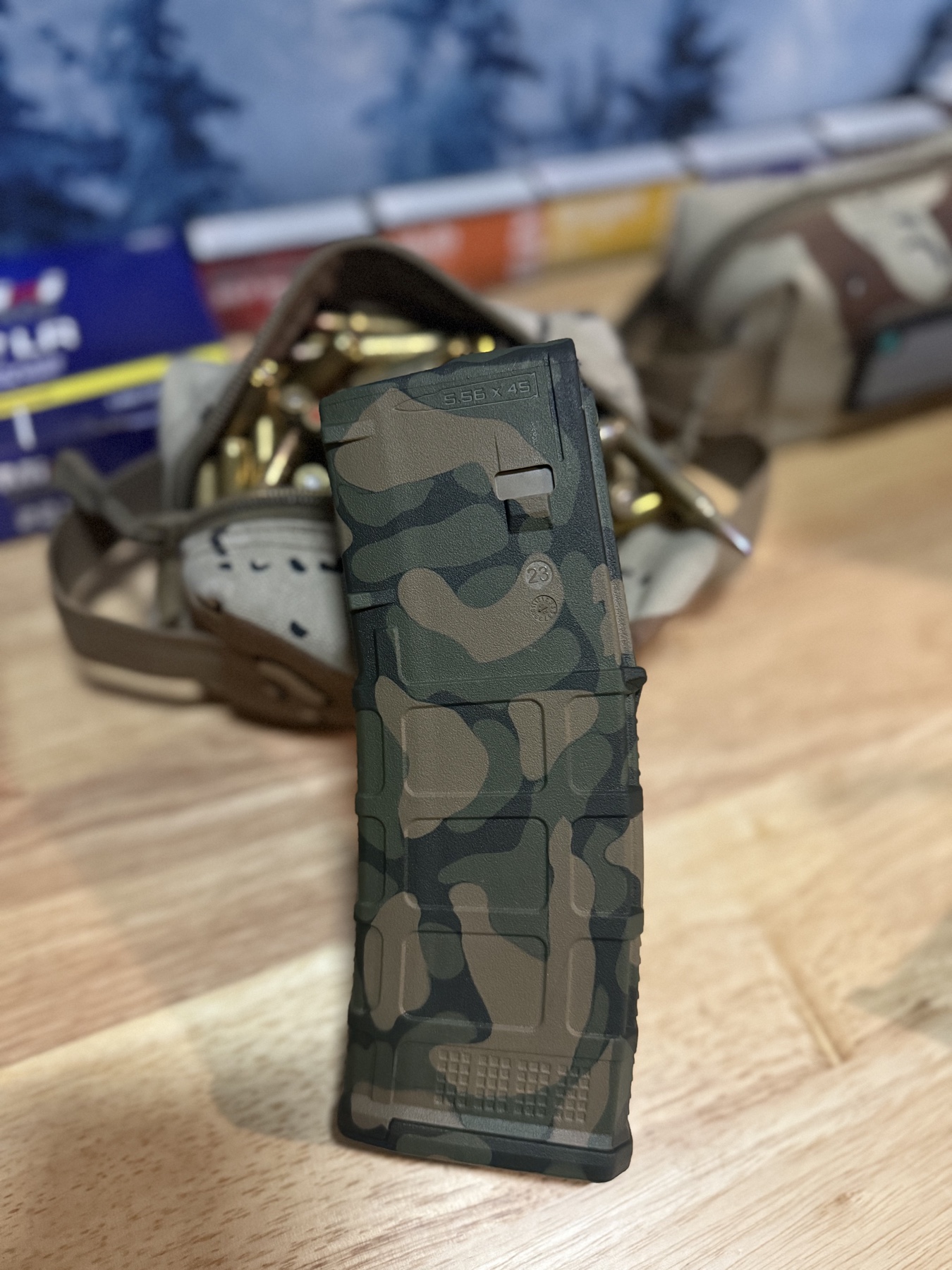 Example hand-dyed PMAG — MultiCam-ish, 2 color + base, Dark Green and Black on FDE